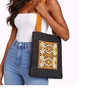 Vintage Roger Van S Beaded Geometric Glam Shoulder Bag Tote Medium Black Brown